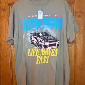 NWT Rue21 Tan Graphic Tee with Blue and Yellow Accents